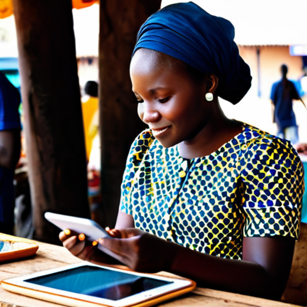 A professional Senegalese businesswoman, fully clothed in a vibrant, modest African print blouse and a dark skirt, is sitting in a modern, bustling market in Dakar. She is holding a smartphone, actively showcasing handmade traditional crafts on a digital display, engaging with a customer. Nearby, a young Senegalese entrepreneur in a professional, modest button-down shirt is using a tablet to manage online orders, a soft-focus background of market stalls. The scene is well-lit, depicting the integration of technology into commerce. Safe for work, appropriate content, fully clothed, family-friendly, perfect anatomy, correct proportions, natural pose, well-formed hands, proper finger count, natural body proportions, professional photography, high quality, sharp focus.