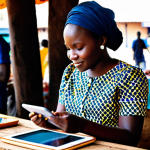 A professional Senegalese businesswoman, fully clothed in a vibrant, modest African print blouse and a dark skirt, is sitting in a modern, bustling market in Dakar. She is holding a smartphone, actively showcasing handmade traditional crafts on a digital display, engaging with a customer. Nearby, a young Senegalese entrepreneur in a professional, modest button-down shirt is using a tablet to manage online orders, a soft-focus background of market stalls. The scene is well-lit, depicting the integration of technology into commerce. Safe for work, appropriate content, fully clothed, family-friendly, perfect anatomy, correct proportions, natural pose, well-formed hands, proper finger count, natural body proportions, professional photography, high quality, sharp focus.