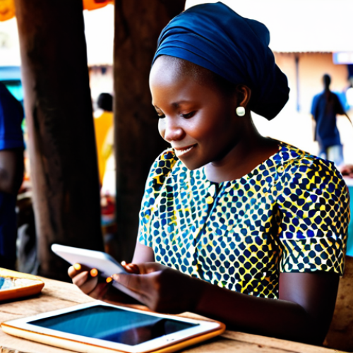 Home 19 A professional Senegalese businesswoman, fully clothed in a vibrant, modest African print blouse and a dark skirt, is sitting in a modern, bustling market in Dakar. She is holding a smartphone, actively showcasing handmade traditional crafts on a digital display, engaging with a customer. Nearby, a young Senegalese entrepreneur in a professional, modest button-down shirt is using a tablet to manage online orders, a soft-focus background of market stalls. The scene is well-lit, depicting the integration of technology into commerce. Safe for work, appropriate content, fully clothed, family-friendly, perfect anatomy, correct proportions, natural pose, well-formed hands, proper finger count, natural body proportions, professional photography, high quality, sharp focus.