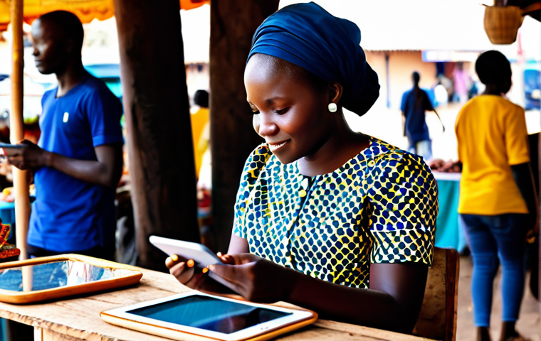 A professional Senegalese businesswoman, fully clothed in a vibrant, modest African print blouse and a dark skirt, is sitting in a modern, bustling market in Dakar. She is holding a smartphone, actively showcasing handmade traditional crafts on a digital display, engaging with a customer. Nearby, a young Senegalese entrepreneur in a professional, modest button-down shirt is using a tablet to manage online orders, a soft-focus background of market stalls. The scene is well-lit, depicting the integration of technology into commerce. Safe for work, appropriate content, fully clothed, family-friendly, perfect anatomy, correct proportions, natural pose, well-formed hands, proper finger count, natural body proportions, professional photography, high quality, sharp focus.