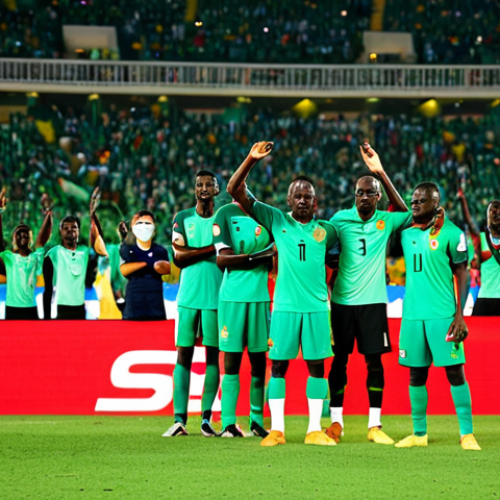 Home 18 A triumphant scene featuring prominent players of the Senegal national football team, including Sadio Mané, Kalidou Koulibaly, and Edouard Mendy, alongside coach Aliou Cissé. They are standing proudly on a meticulously maintained green football pitch in a grand, modern stadium, celebrating a significant victory. All subjects are fully clothed in their professional team kits and coaching attire. The background features a large, cheering crowd, displaying national flags and conveying a sense of immense pride and unity. The image is captured with professional sports photography, featuring dynamic lighting, high resolution, perfect anatomy, correct proportions, natural poses, well-formed hands, and proper finger count. This is safe for work, appropriate content, and family-friendly.