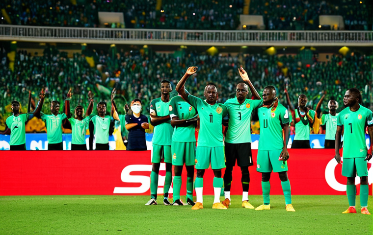 A triumphant scene featuring prominent players of the Senegal national football team, including Sadio Mané, Kalidou Koulibaly, and Edouard Mendy, alongside coach Aliou Cissé. They are standing proudly on a meticulously maintained green football pitch in a grand, modern stadium, celebrating a significant victory. All subjects are fully clothed in their professional team kits and coaching attire. The background features a large, cheering crowd, displaying national flags and conveying a sense of immense pride and unity. The image is captured with professional sports photography, featuring dynamic lighting, high resolution, perfect anatomy, correct proportions, natural poses, well-formed hands, and proper finger count. This is safe for work, appropriate content, and family-friendly.