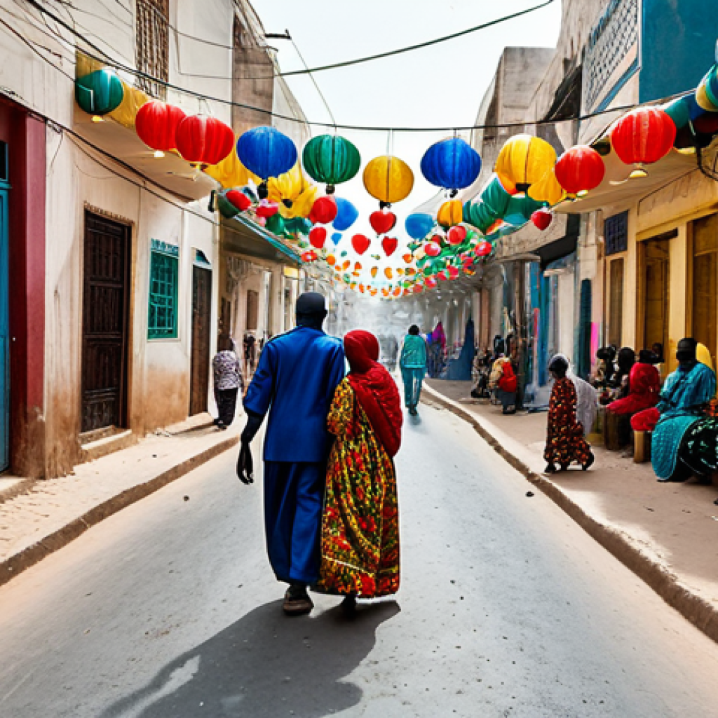 세네갈에서 크리스마스 보내기 - Festive Street Scene in Senegal**
"A vibrant street in Senegal decorated for Christmas, colorful la...