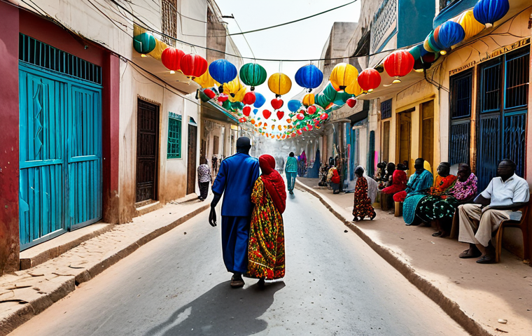 세네갈에서 크리스마스 보내기 - Festive Street Scene in Senegal**

"A vibrant street in Senegal decorated for Christmas, colorful la...