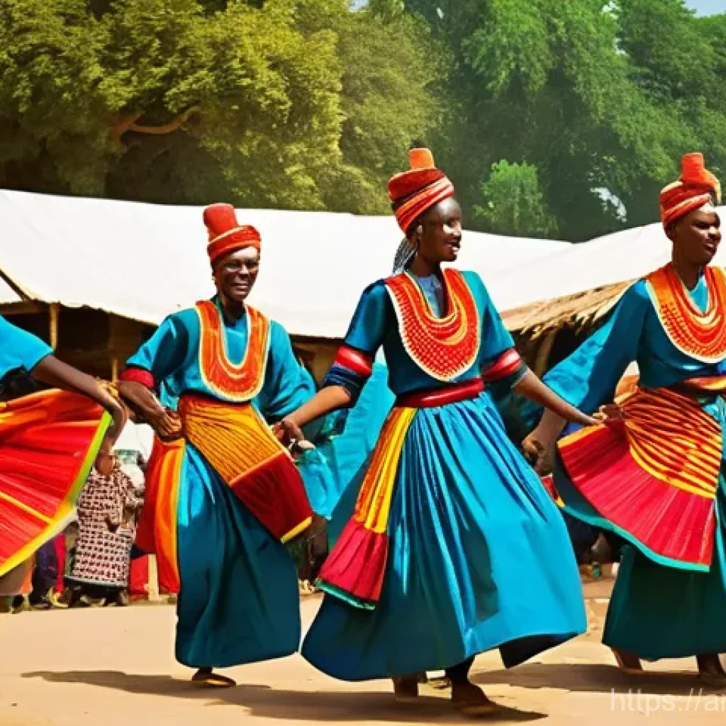 세네갈에서 전통 춤 배우기 - **Prompt:** "A vibrant scene depicting a group of Senegalese dancers and drummers performing with im...