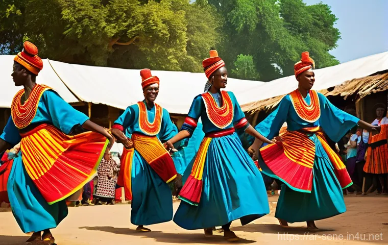 세네갈에서 전통 춤 배우기 - **Prompt:** "A vibrant scene depicting a group of Senegalese dancers and drummers performing with im...