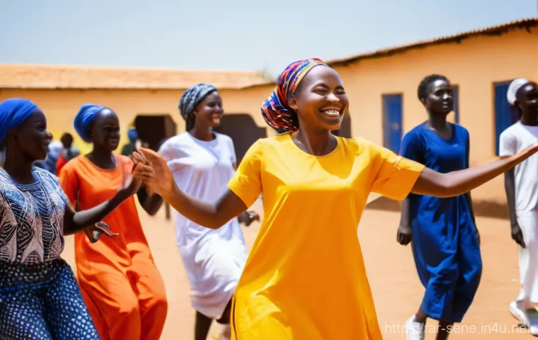 세네갈에서 전통 춤 배우기 - **Prompt:** "A vibrant scene depicting a group of Senegalese dancers and drummers performing with im...