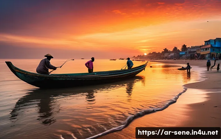 세네갈 어업 산업 - **A Vibrant Senegalese Fishing Village at Dawn**
    A breathtaking, cinematic shot of a Senegalese ...