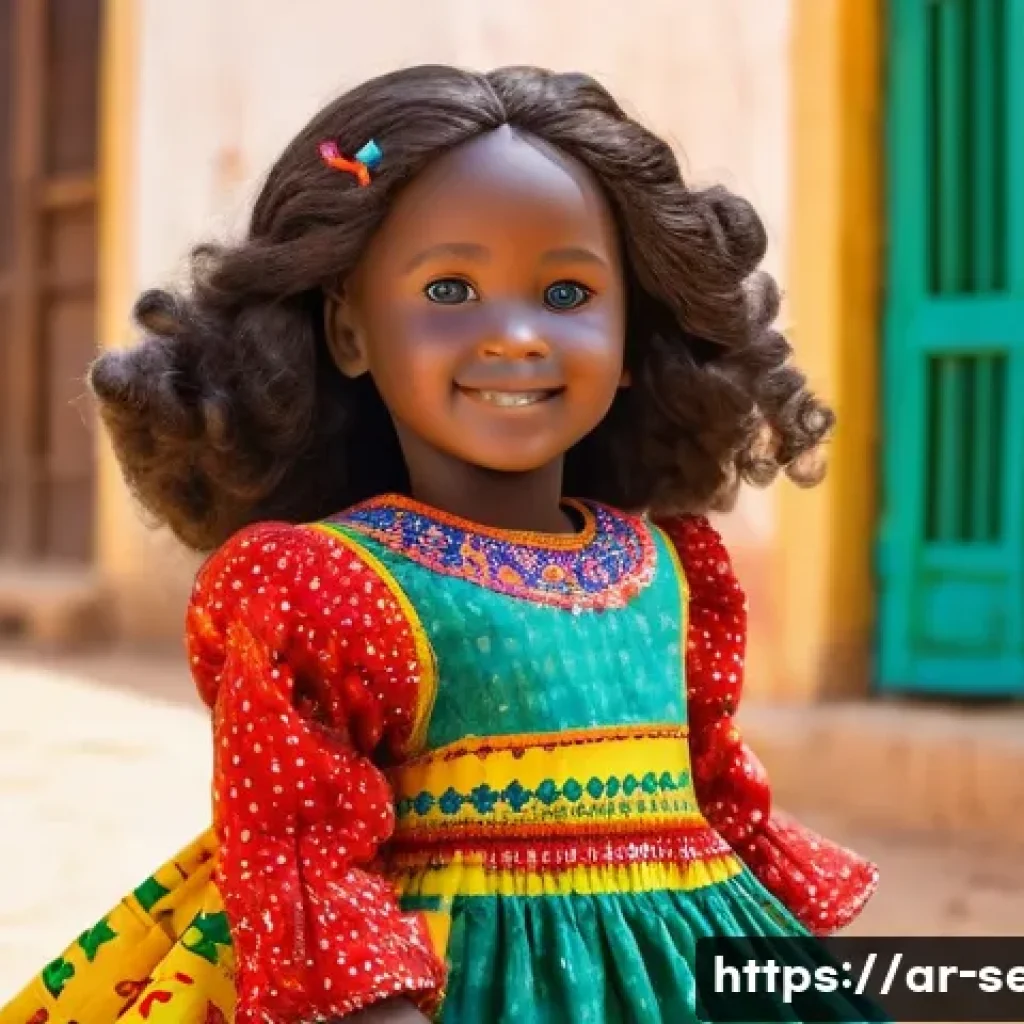 세네갈에서 유명한 작가와 책 - **Subject:** A young Senegalese girl in a vibrant, colorful Wolof dress, playing with a handmade dol...