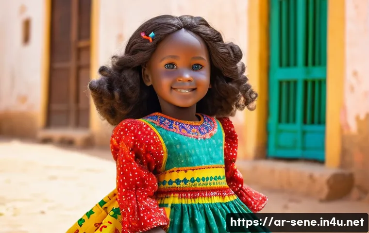 세네갈에서 유명한 작가와 책 - **Subject:** A young Senegalese girl in a vibrant, colorful Wolof dress, playing with a handmade dol...