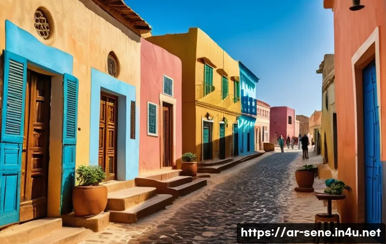 세네갈 섬들 탐방기 - **A Vibrant Gor&eacute;e Island Street Scene:** A picturesque scene on Gor&eacute;e Island, Senegal, depicting a n...