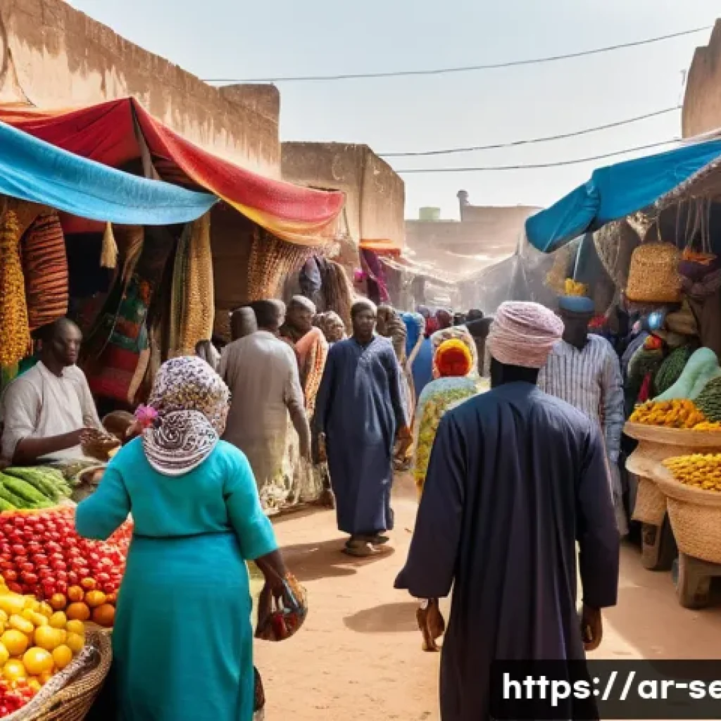세네갈에서 장기 거주 팁 - A vibrant Senegalese market scene during the daytime, showcasing a diverse group of local men and wo...