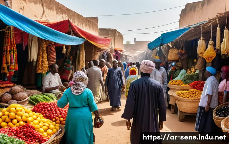 세네갈에서 장기 거주 팁 - A vibrant Senegalese market scene during the daytime, showcasing a diverse group of local men and wo...