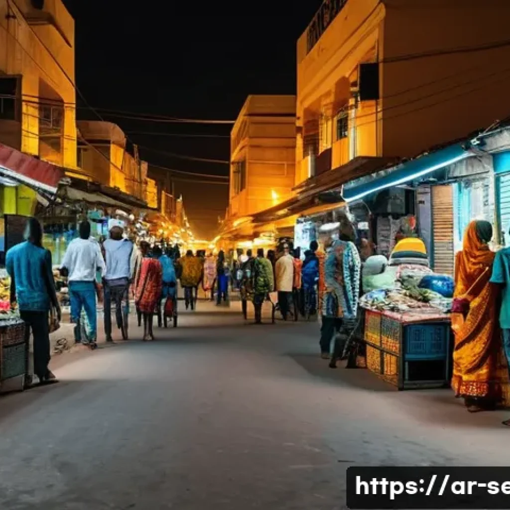 세네갈에서 전기 사정 - A vibrant urban street scene in Dakar, Senegal, showing a busy market at dusk illuminated by steady ...