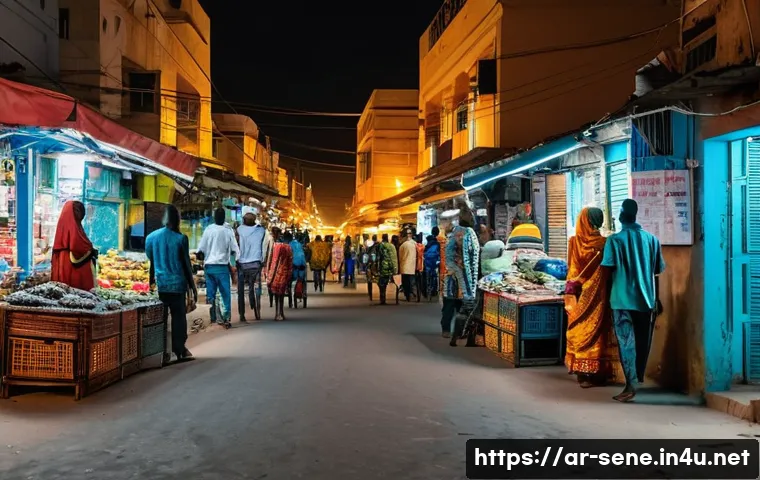 세네갈에서 전기 사정 - A vibrant urban street scene in Dakar, Senegal, showing a busy market at dusk illuminated by steady ...