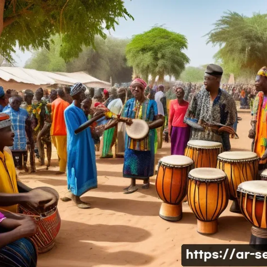 세네갈 전통 음악 - A vibrant Senegalese village celebration scene featuring musicians playing traditional instruments l...