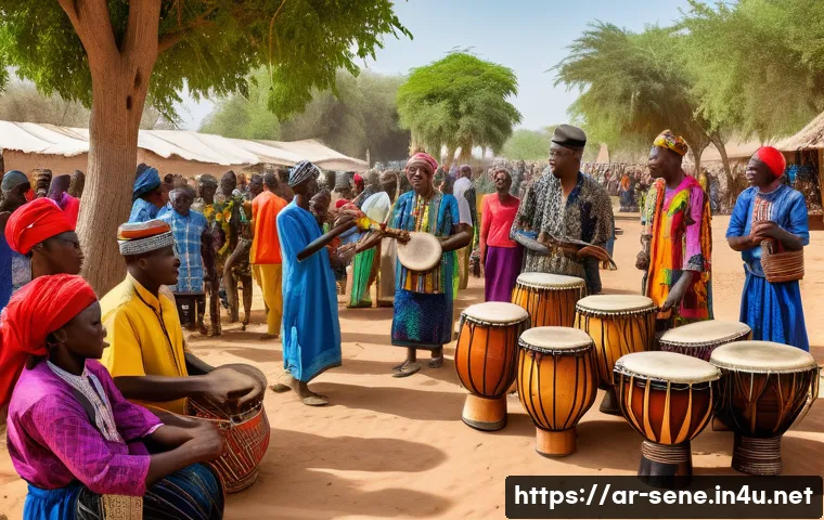 세네갈 전통 음악 - A vibrant Senegalese village celebration scene featuring musicians playing traditional instruments l...