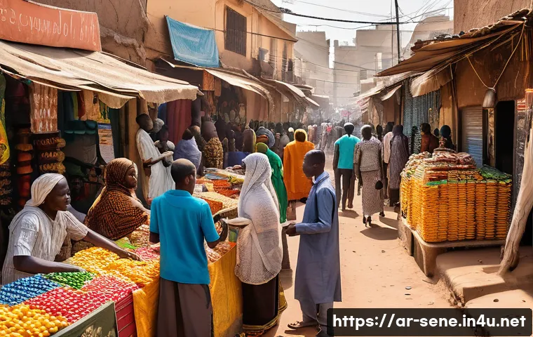 세네갈에서 전화카드 구입 방법 - A vibrant Senegalese neighborhood market scene during daytime, featuring small local shops and color...