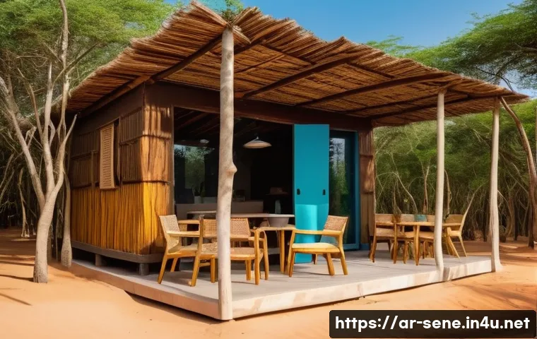 세네갈에서 친환경 여행하기 - A vibrant eco-lodge nestled within the lush greenery of Saloum National Park, Senegal, showcasing so...