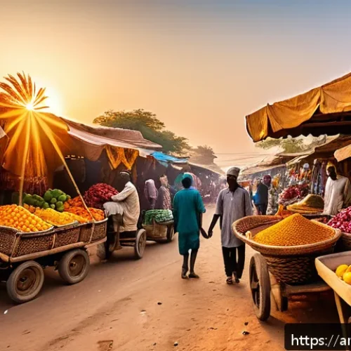 세네갈에서 살아보기 경험담 - A vibrant traditional Senegalese market scene at dawn, filled with colorful stalls displaying tropic...