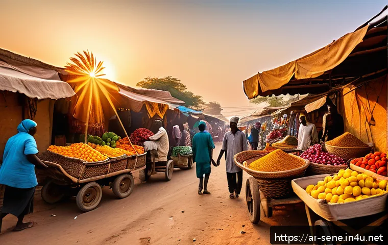 세네갈에서 살아보기 경험담 - A vibrant traditional Senegalese market scene at dawn, filled with colorful stalls displaying tropic...