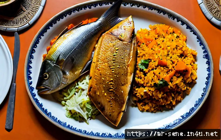 세네갈 유명 요리 - Photorealistic overhead food photography of Senegalese thieboudienne, a generous platter of seasoned...