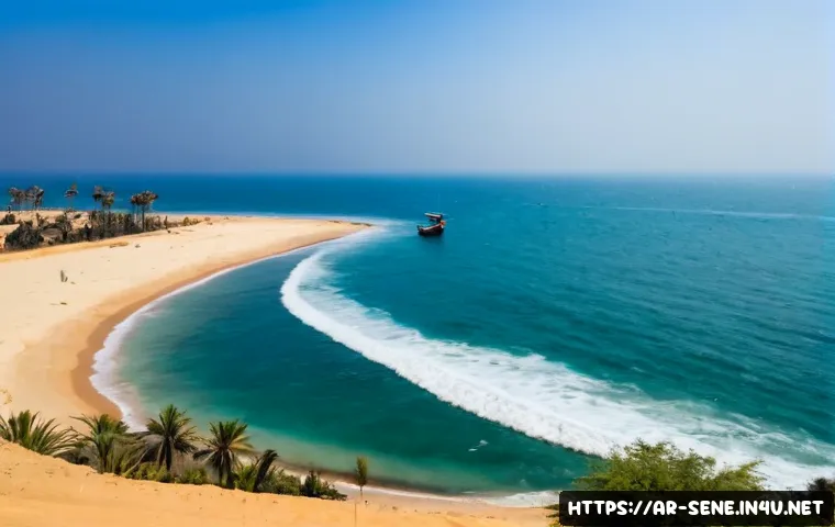 세네갈 기후와 날씨 정보 - Photorealistic wide coastal view of Senegal during the dry season, sunlit sandy shoreline near Dakar...