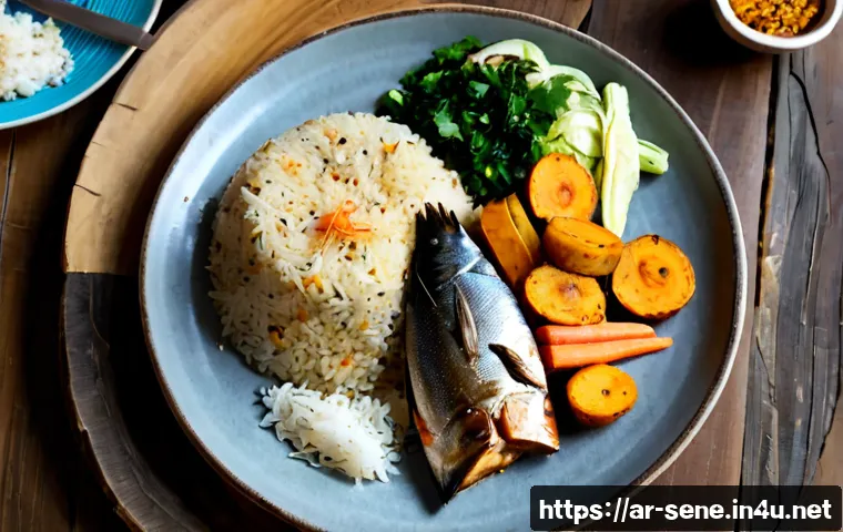 세네갈 전통음식 체부젠 - Photorealistic overhead food photography of traditional Senegalese thieboudienne, a large round comm...