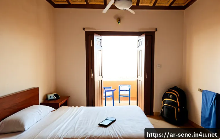 세네갈에서 저렴한 숙소 찾기 - Photorealistic budget guesthouse room in Dakar, Senegal, clean simple bed with crisp linens, ceiling...